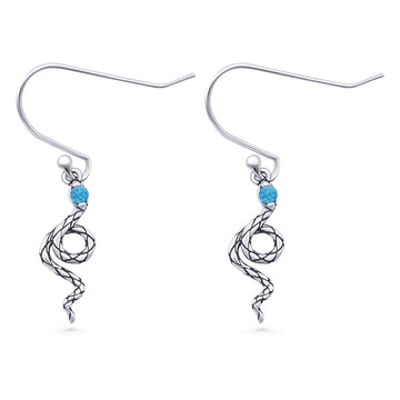 Round Lab Created Blue Opal Oxidized Snake Fishhook Earring 925 Sterling Silver Wholesale